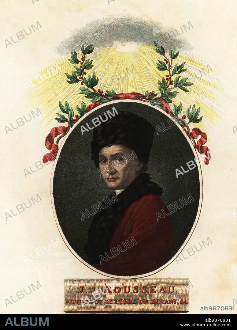 Portrait of Jean-Jacques Rousseau, French writer, botanist, author of Letters on Botany, 1712-1778. Handcoloured copperplate engraving by James Caldwell after a portrait by Allan Ramsay, portrait painter to the king, from Dr. Robert John Thorntons New Illustration of the Sexual System of Carolus von Linnaeus, the Temple of Flora, London, 1801.