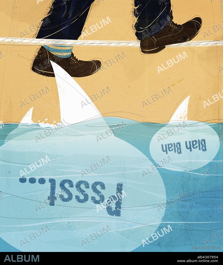 Man's feet walking tightrope above shark gossip speech bubbles.