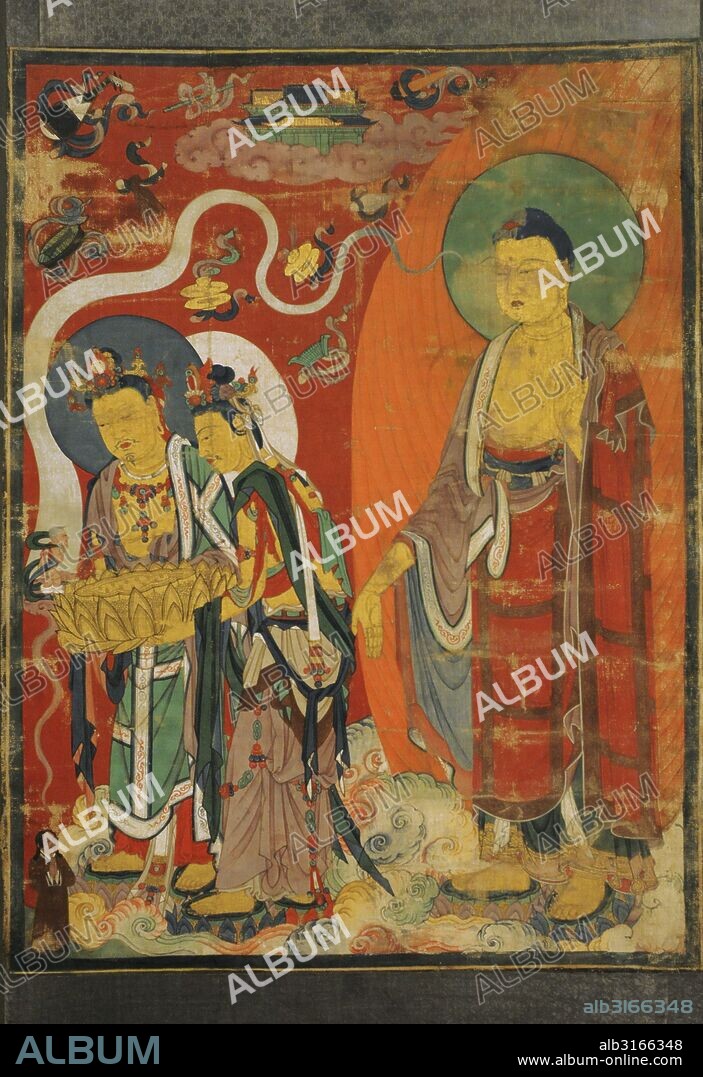 ARTE. Religión budista. Budismo de la Tierra Pura o Amidismo. Centrada en la fe al Buda Amitabha. Este de Asia. "Saludo del hombre justo en el camino hacia al Tierra PUra del Buda Amitabha". Pieza procende del llamado Imperio Tangut o Imperio Xia Occidental (antiguo estado en China que existió de 982-1227). Khara-Khoto (Parte occidental Mongolia Interior), Siglo XIII. Pergamino de algodón pintado. Museo del Hermitage (The State Hermitage Museum). San Petersburgo. Rusia.
