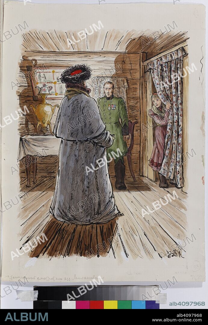 VLADIMIR ALEXEYEVICH MILASHEVSKY. Illustration for the short story "The Station Master" by A. Pushkin.