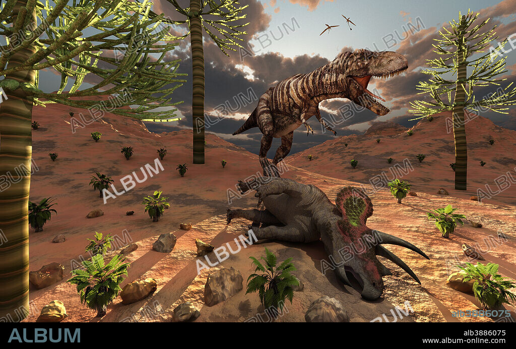 A T-Rex comes across the carcass of a dead Triceratops dinosaur.