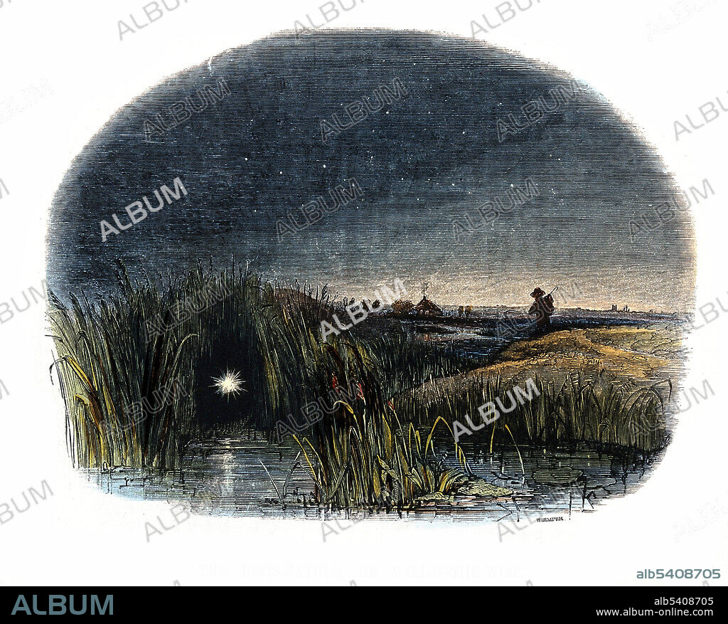 In folklore, a will-o'-the-wisp or ignis fatuus is an atmospheric ghost light seen at night, especially over bogs or marshes. Modern science explains them as natural phenomena such as bioluminescence or chemiluminescence. Colored wood engraving by Charles H. Whymper (1853-1941).