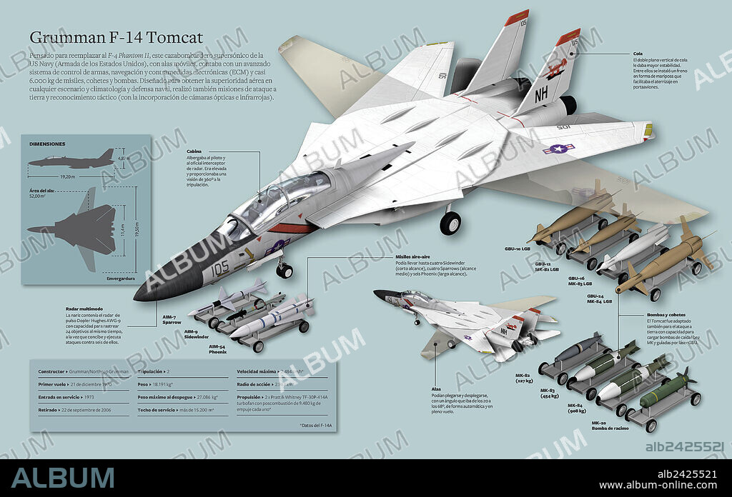 grumman f-14 Tomcat. Infografía del Grumman F-14 Tomcat, un cazabombardero supersónico de la US Navy (Armada de los Estados Unidos).