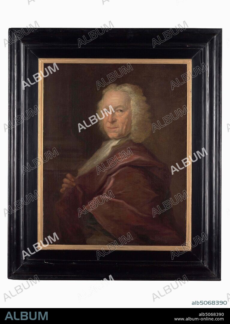 painting, Jan Gerardsz. Palthe, 1730-1769, Signature front, top left: J. Palthe [hard to read], canvas, oil paint, painted, Carrier: 82 × 64.5 × 2cm (820 × 645 × 20mm), With frame: 110, 5 × 94.5 × 4cm (1105 × 945 × 40mm), man's portrait, Portrait of a man: Lambertus van der Waerd. He is depicted as a half-figure, turned almost entirely to the left, looking at the viewer. He wears a long white powdered wig that hangs over the shoulders. He is dressed in a red cloak, which he holds with the right hand from the front. Signed top left. The painting is in a black-painted wooden frame with a gilded inner edge. On the back is a handwritten label Lambertus van der Waerd, surgeon to Leiden, by Jan Palthe Leiden, 1893.