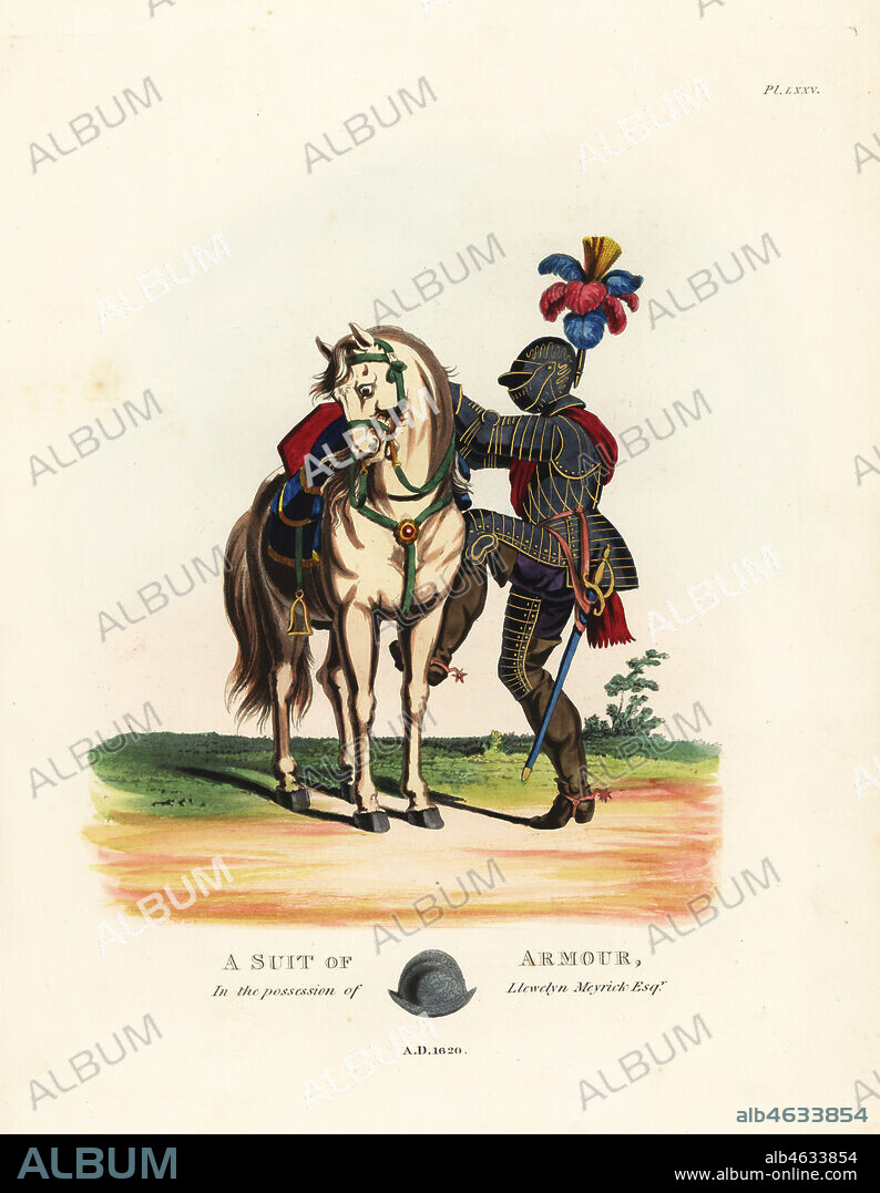 A suit of armour from the Manfredi family, 1620. Purplish black armour engraved with gilt foliage, helmet with plumed crest, elbow splints, and leather boots instead of armour jambs and sollerets. In the possession of Llewelyn Meyrick. Handcoloured lithograph by Maddocks after an illustration by S.R. Meyrick from Sir Samuel Rush Meyrick's A Critical Inquiry into Antient Armour, John Dowding, London, 1842.