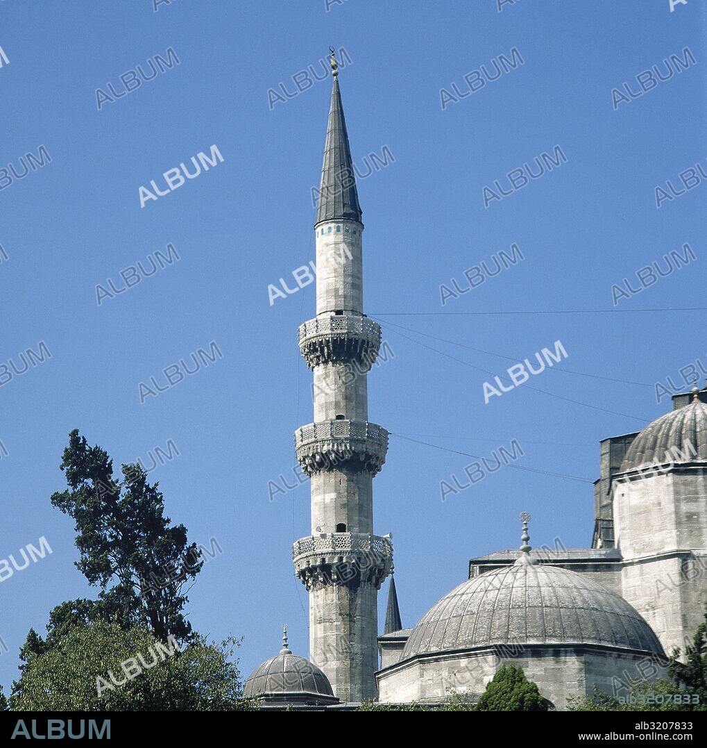 Turkey. Istanbul. Suleymaniye Mosque. Built by architect Mimar Siman in Ottoman style. 1550-1558. Detail minaret.