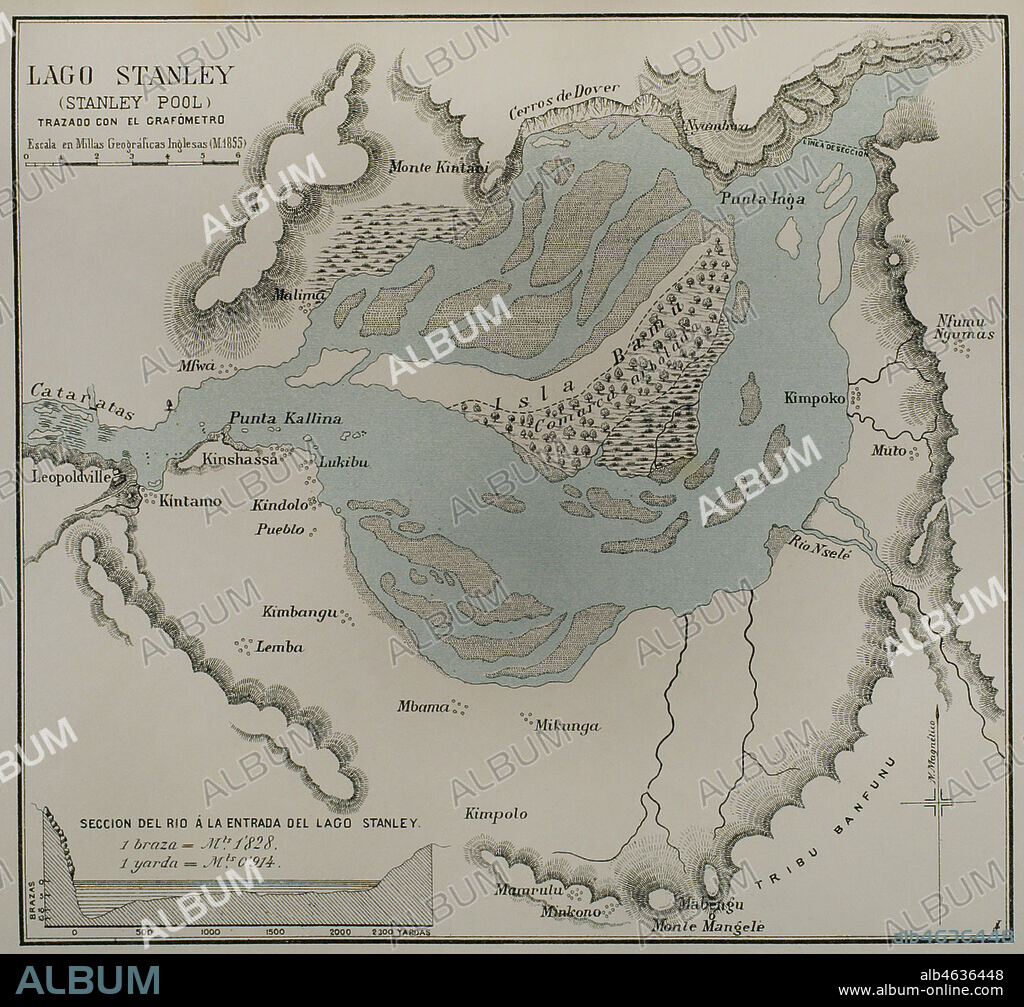 Historia de Africa. Siglo XIX. Mapa del Lago Stanley. Grabado. El Congo y la Creación del Estado Independiente de este nombre. Historia de los Trabajos y Exploraciones Verificados, por Enrique M. Stanley. Editada en Barcelona, hacia 1890. España.