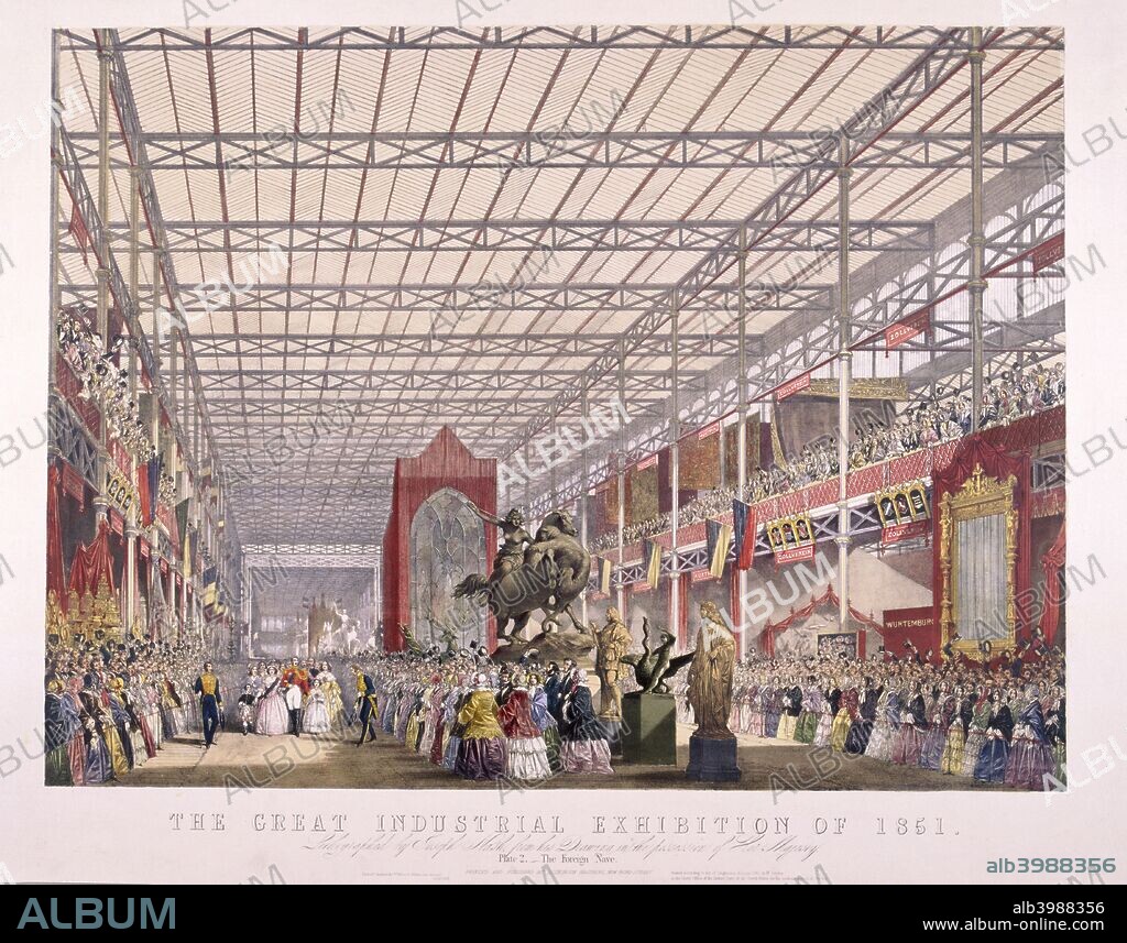 Interior view of the Foreign Nave in Crystal Palace during the Great Exhibition at Hyde Park, London in 1851.