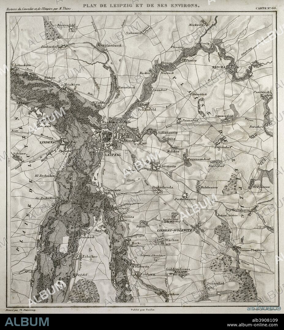 Napoleonic map. City of Leipzig, Saxony, Germany. The Battle of the Nations or Battle of Leipzig took place in 1813, In the context of the Napoleonic wars, being the first French defeat. Atlas de l'Histoire du Consulat et de l'Empire. History of the Consulate and the Empire of France under Napoleon by Marie Joseph Louis Adolphe Thiers (1797-1877). Drawings by Dufour, engravings by Dyonnet. Edited in Paris, 1864.
