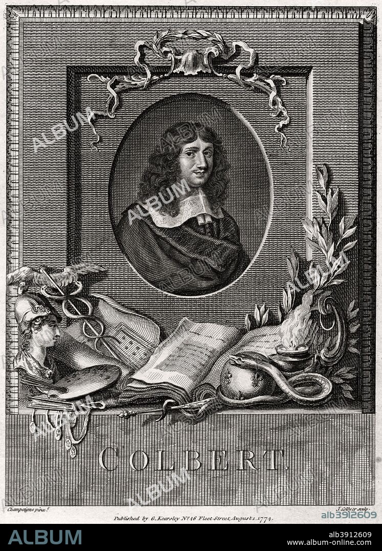 'Colbert', 1774. Portrait of Jean-Baptiste Colbert, French statesman (1619-1683),  Louis XIV's Chief Minister. He was responsible for reforming the chaotic financial administration and taxation system of France and oversaw the modernisation and expansion of manufacturing industry. His success in managing the French economy was particularly notable given the king's penchant for spending the nation's wealth on wars and luxury. Colbert was also instrumental in the development of France as a naval power. A plate from The Copper-Plate Magazine or A Monthly Treasure, London, 1774.