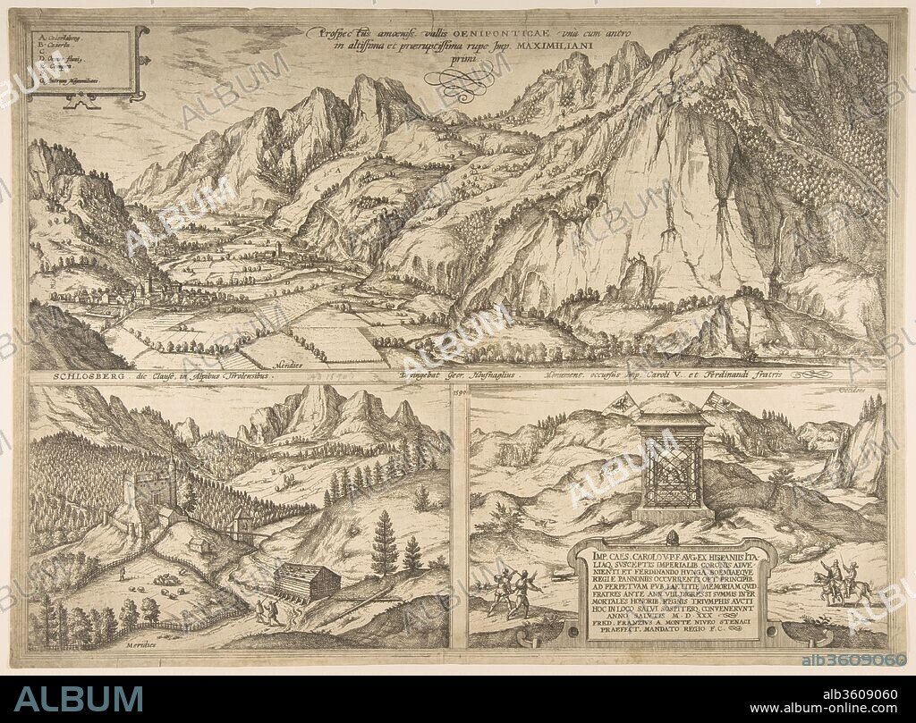 Innsbruck from the series Civitates Orbis Terrarum, vol. V, plate 59. Artist: Simon Novellanus (16th century); After Joris Hoefnagel (Netherlandish, Antwerp 1542-1601 Vienna). Dimensions: sheet: 14 15/16 x 20 5/16 in. (38 x 51.6 cm). Date: 1590.