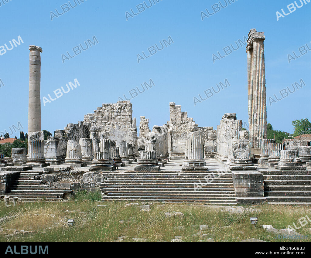 ARTE GRIEGO-HELENISTICO. TURQUIA. SANTUARIO DE APOLO. Panorámica de las trece escaleras que conducían al PRONAOS DEL TEMPLO DE APOLO. Los restos más antiguos se remontan al s. VIII aC y, posteriormente, fue ampliado por Alejandro Magno. DIDYMA. Península Anatólica.