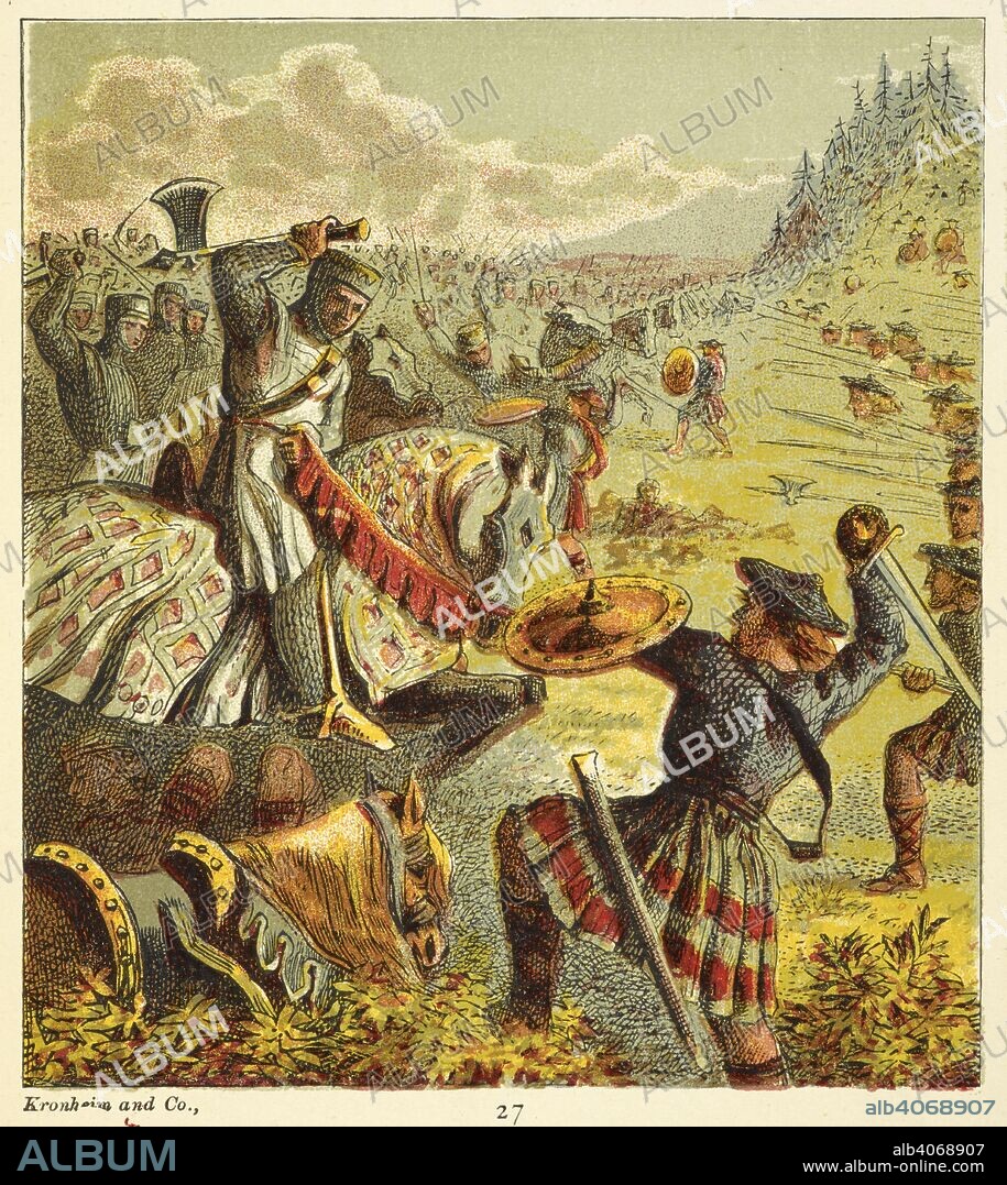 William Wallace fighting the English forces. Sir William Wallace (died 23 August 1305) was a Scottish landowner who became one of the main leaders during the Wars of Scottish Independence. Wallace defeated an English army at the Battle of Stirling Bridge in September 1297, but was defeated at the Battle of Falkirk in July 1298. Pictures of English History. From the earliest times to the present period. With ninety-three pictures, printed in colour by Kronheim. London : George Routledge & Sons, [1868]. Source: 9505.ff.6 picture 27. Language: English.