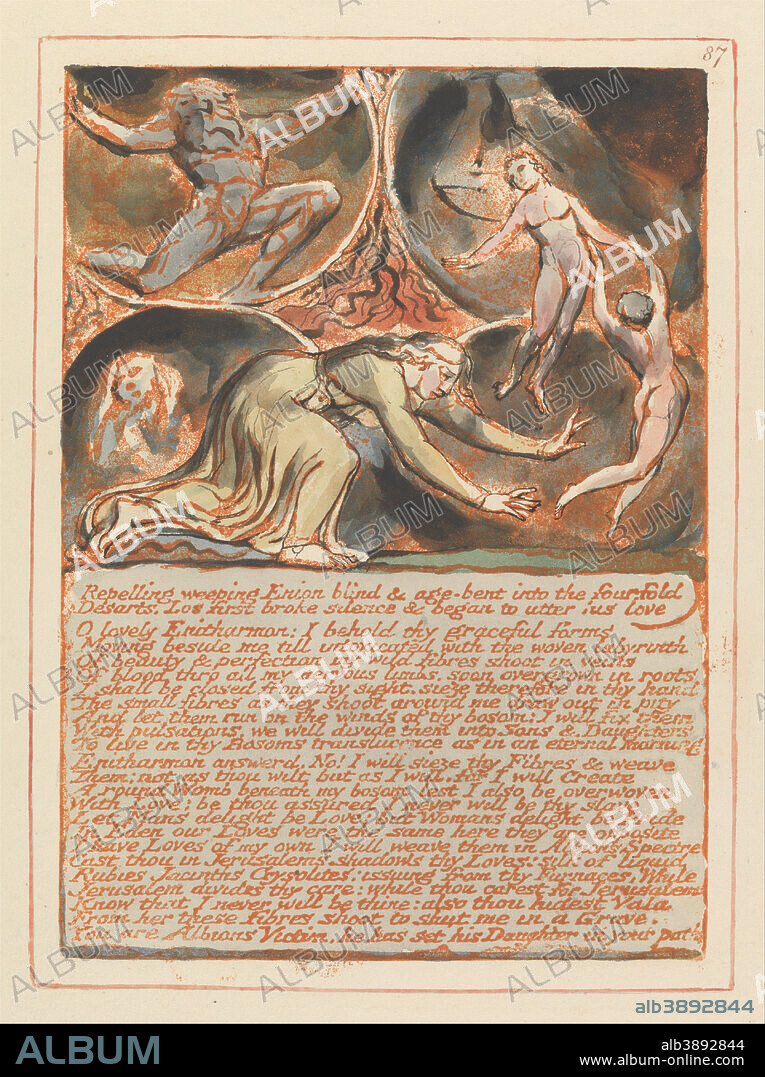 WILLIAM BLAKE. Jerusalem, Plate 87, "Repelling weeping Enion....". Date/Period: 1804 to 1820. Print. Orange print, pen, black ink and watercolor on cream-colored paper (Relief etching printed in orange with pen and black ink and watercolor on moderately thick, smooth, cream wove paper). Height: 210 mm (8.26 in); Width: 150 mm (5.90 in).