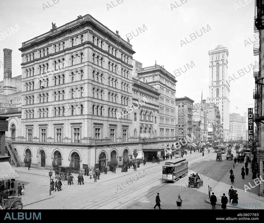 Sometimes referred to as "the old Met", the Metropolitan Opera House opened on October 22, 1883. It was located at 1411 Broadway, occupying the block between West 39th Street and West 40th Street. Nicknamed "The Yellow Brick Brewery" for its industrial looking exterior, the original Met was designed by J. Cleaveland Cady and had a seating capacity of 3,625. While the theater was noted for its excellent acoustics and elegant interior, as early as the 1900s the backstage facilities were deemed to be severely inadequate for a large opera company. The Met's scenery and sets were a regular sight leaning against the building outside on 39th Street where they had to be shifted between performances. The Met said goodbye to its old house on April 16, 1966, with a farewell performance featuring nearly all of the company's current leading artists. Despite a campaign to preserve the theater, it failed to obtain landmark status and was razed in 1967. Photographed by the Detroit Publishing Company, 1905.