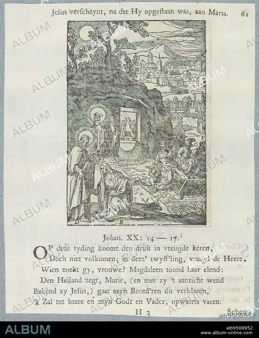 Christ appears to Mary Magdalene, Jesus verscheynt, na dat Hy risen, aan Maria (title on object), Mary Magdalene sees two angels sitting in the empty tomb. When she looks back she sees Christ dressed as a gardener. In the foreground she kneels at his feet. Various elements of the scene are accompanied by letters. Above the image is a title. Below it are six verses and a reference to John 20: 14-17. The print is part of an album., print maker: Christoffel van Sichem (II), (mentioned on object), after print by: Hieronymus Wierix, after design by: Bernardino Passeri, print maker: Amsterdam, after print by: Antwerp, publisher: Amsterdam, 1629 and/or 1740, paper, letterpress printing, height 109 mm × width 74 mm, height 168 mm × width 132 mm.