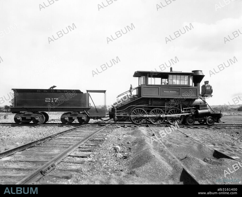 United States: 1890 The Baltimore and Ohio Railroad steam powered Camelback locomotive, designed and built by Ross Winans in 1869.
