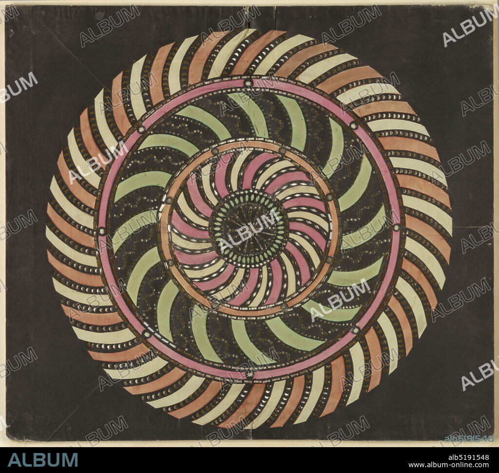 Universal Wheel, Cut paper on wood frame, Magic lantern slide, optical toy. On black field, pierced disk at center, surrounded by three large and nine smaller concentric circles. Large circles banded with radiating arcs curved alternately clockwise, counter clockwise, and clockwise; pink and white, green and orange and white., Savoy, France, ca. 1780, toys & games, Lantern slide, Lantern slide.