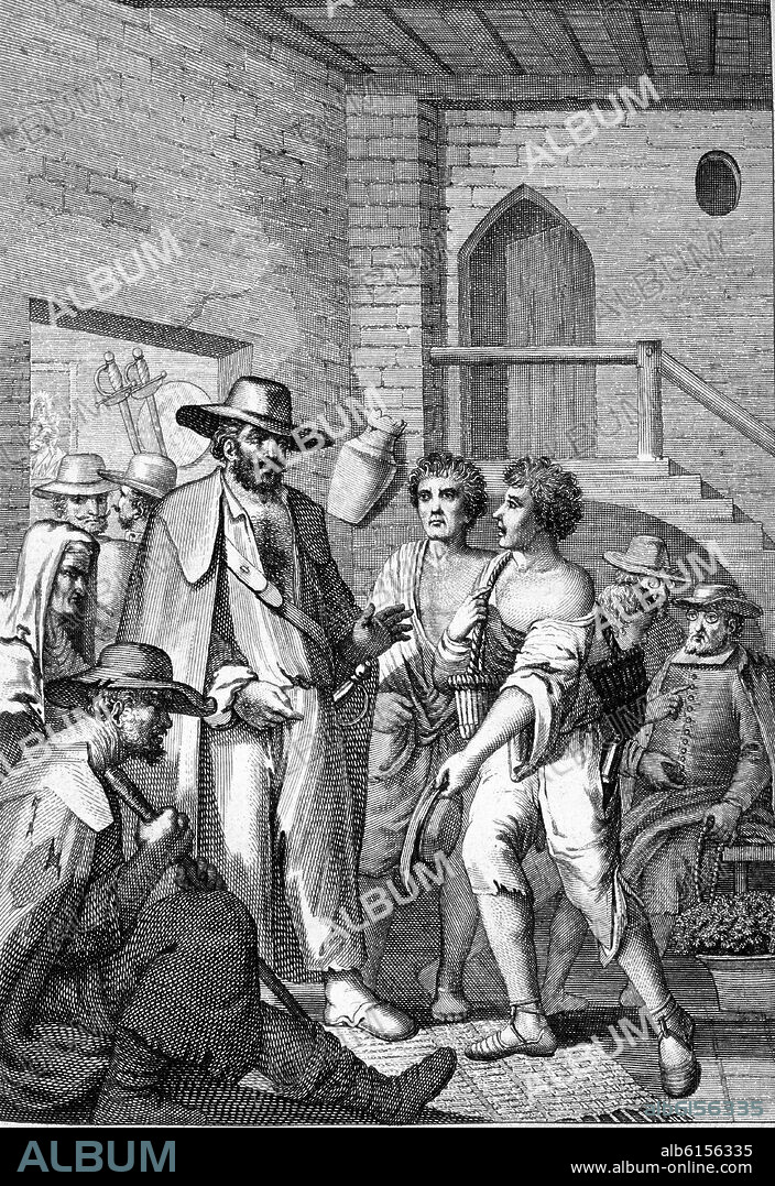 MIGUEL DE CERVANTES SAAVEDRA. NOVELAS EJEMPLARES - MONIPODIO EN LA CORTE DE LOS LADRONES - EDICION DE ANTONIO SANCHA DE 1783- GRABADO AL AGUAFUERTE  - XIMENO GRABADOR.