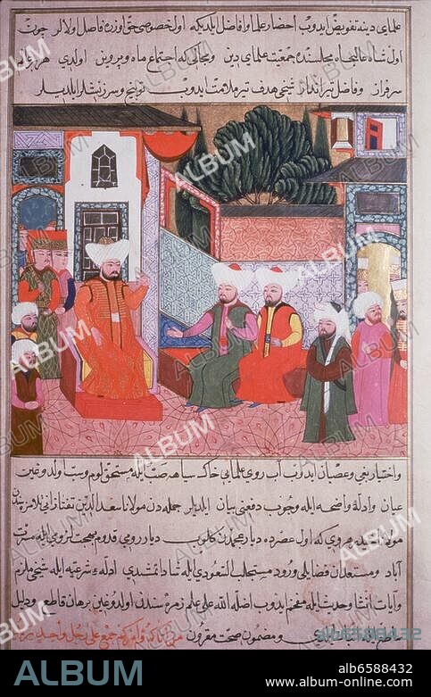 Mehmed (Mohammed) I. Celebi; Sultan des osmanischen Reiches (1413-21); Bursa 1389-Adrianopel 26.5.1421. / .-Sultan Mehmed I. konferiert mit einem Religonsgelehrten (Ulama/Ulema).-/ Miniatur, türkisch, 1616. Aus: Tadj al-Tawarikh (Die Krone der Chroniken) von Saad ed-Din (Geschichte des Osmanischen Reiches vom 13. Jahrhunde...