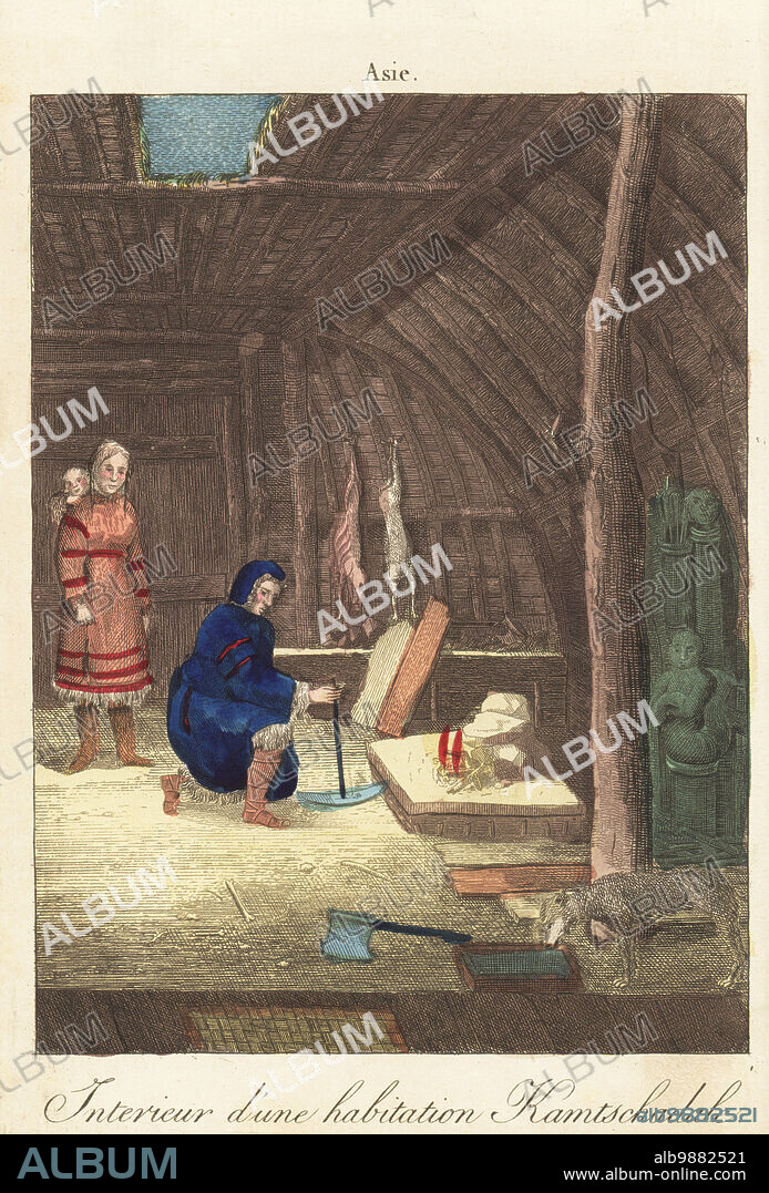 Kamchadal or Koryak people inside a yurt, Kamchatka, 1800s. A man in reindeer-skin clothes starts a fire, watched by a woman with child. Two dog carcasses hang from a wall. Interieur d'une habitation Kamtschadale. Handcoloured copperplate engraving from A. Antoine de Saint-Gervaiss Album des Peuples, ou Collection de Tableaux, Album of Peoples, or Collection of Paintings, J. Langlume et Peltier, Paris, 1835. Reprinted from Moeurs et coutumes des Peuples, Hocquart, 1811.