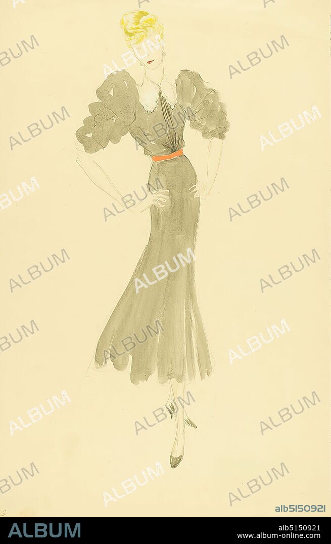 Ernst Dryden, woman in grey dress with puff sleeves, paper, Non-covering watercolor, watercolor, drawing, watercolor over pencil, Total: Height: 48,4 cm; Width: 31 cm, fashion and textile design, illustrations, fashion, clothing, women's fashion, dress.