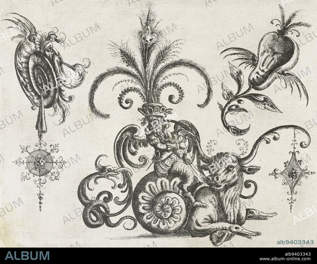 The front legs of the bull end in crocodile heads. On the back of the bull rides a winged man. Leaf from a series of flat decorations with grotesques, cartouches, ovals, mascarons, putti and fantastic creatures. The series consists of three title pages, two text pages with the dedication and the foreword and 60 pages, divided over three books, Liggende bull met een slaghuis als achterlijf Das Neuw Grottesken Buch Nürnberg 1610 (title series)., print maker: Christoph Jamnitzer, Christoph Jamnitzer, publisher: Christoph Jamnitzer, Germany, (possibly), 1573 - 1610, paper, etching, h 142 mm × w 184 mm.