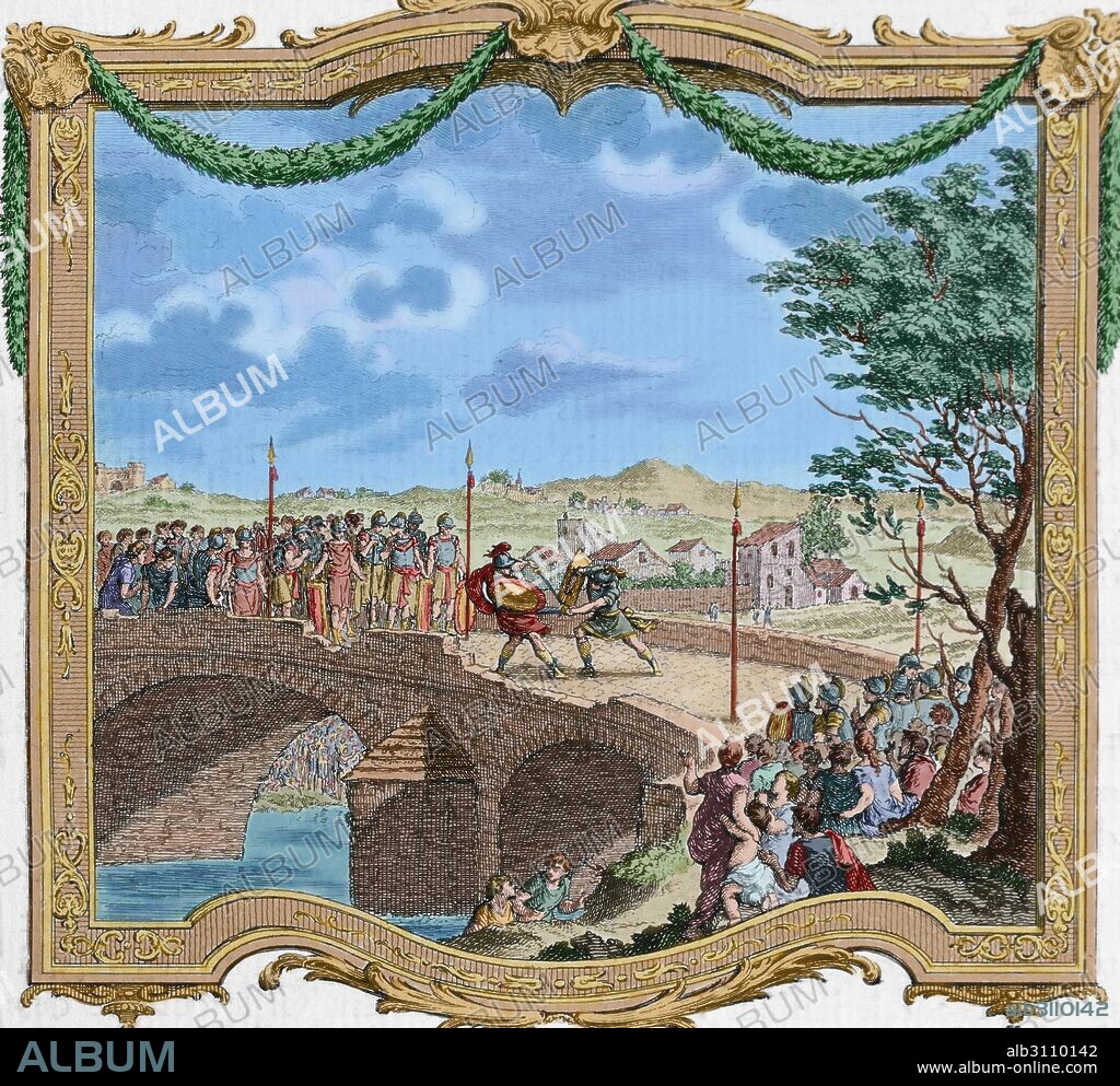 HISTORIA DE FRANCIA. SIGLOS VIII-IX. IMPERIO CAROLINGIO. Reinado de Carlomagno (768-814). "DUELO ENTRE CUATRO LANZAS". El combate tenía lugar en un perímetro demarcado por cuatro grandes lanzas. Grabado coloreado del año 1849.