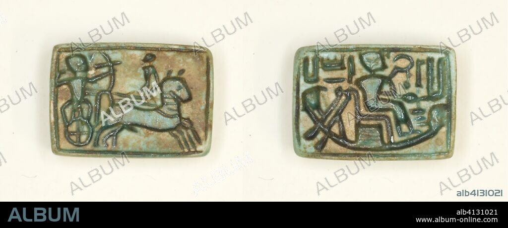 ANCIENT EGYPTIAN. Plaque: King in Chariot Shoots Enemy/King Seated in the Barque of Amun. Egyptian. Date: 1570 BC-1186 BC. Dimensions: 1.6 × 1.3 × 0.6 cm (5/8 × 1/2 × 1/4 in.). Steatite. Origin: Egypt.