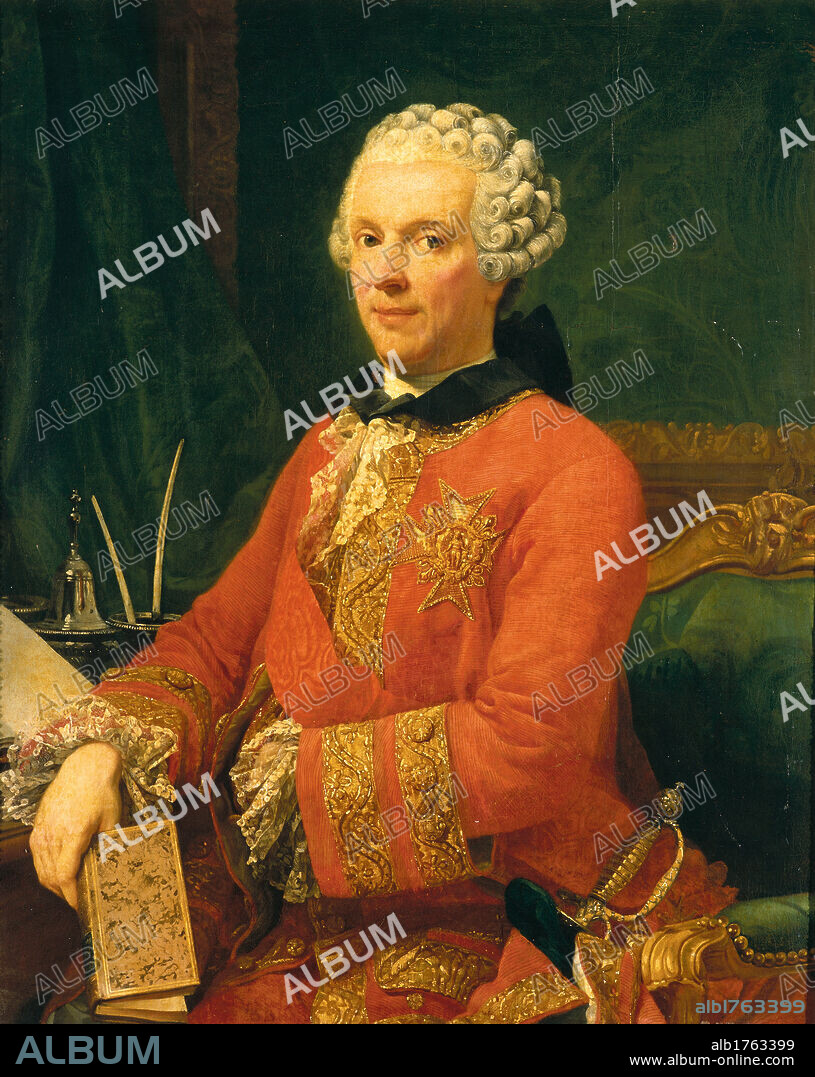 Portrait of the Minister Guillaume du Tillot, by Pietro Melchiorre Ferrari, 1764 about, 18th Century, oil on canvas, cm 101 x 82. Italy, Emilia Romagna, Parma, National Gallery. All. Politician minister male portrait white wig curls jacket red trims gold shirt jabot ruffles laces embroideries booklet sword hilt table foreshortened view writing desk quill pen plume feather bell silver chair armchair green velvet wood. Authorization required for non editorial use.
