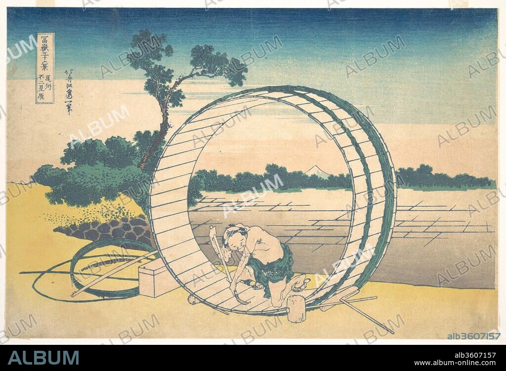 Fujimigahara in Owari Province (Bishu Fujimigahara), from the series Thirty-six Views of Mount Fuji (Fugaku sanjurokkei). Artist: Katsushika Hokusai (Japanese, Tokyo (Edo) 1760-1849 Tokyo (Edo)). Culture: Japan. Dimensions: 10 1/16 x 14 7/8 in. (25.6 x 37.8 cm). Date: ca. 1830-32.
By framing Fuji and the cooper in the interior of the barrel and by casting the cooper's body in the same triangular form as that of Fuji beyond, Hokusai effects an intimate dialogue between the haggard man and the iconic mountain. This one-to-one relationship makes not only for a strong visual analogy between mountain and man but also for a potent iconographical one. The juxtaposition of the cooper and Fuji lends a religious overtone to the man's honest labor and existence.