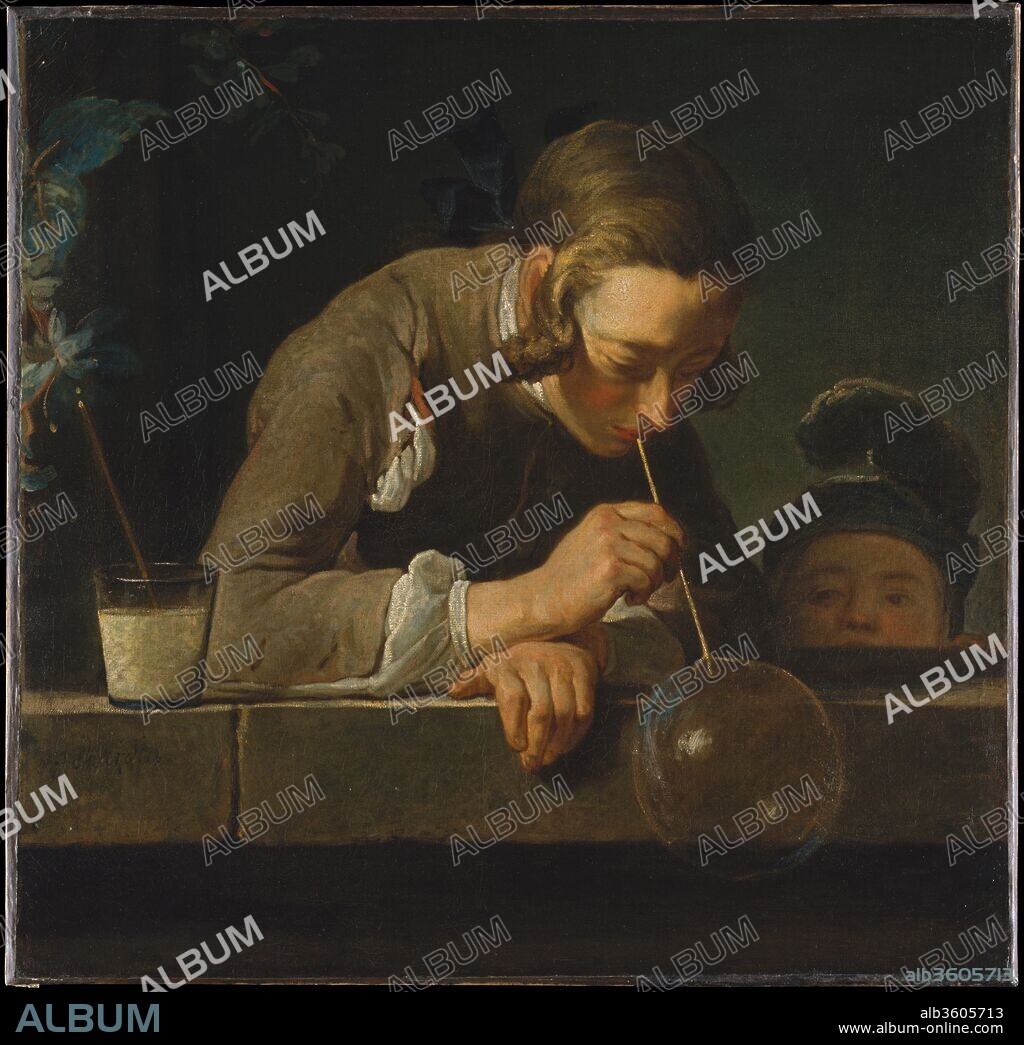 JEAN SIMEON CHARDIN. Soap Bubbles. Artist: Jean Siméon Chardin (French, Paris 1699-1779 Paris). Dimensions: 24 x 24 7/8 in. (61 x 63.2 cm). Date: ca. 1733-34.
The idle play of children was a favorite theme of Chardin, a naturalist among painters. Here he drew inspiration from the seventeenth-century Dutch genre tradition for both the format and the subject. While it is not certain that he intended the picture to carry a message, soap bubbles were then understood to allude to the transience of life. Other later versions of this picture belong to the Los Angeles County Museum and to the National Gallery of Art, Washington, D.C.