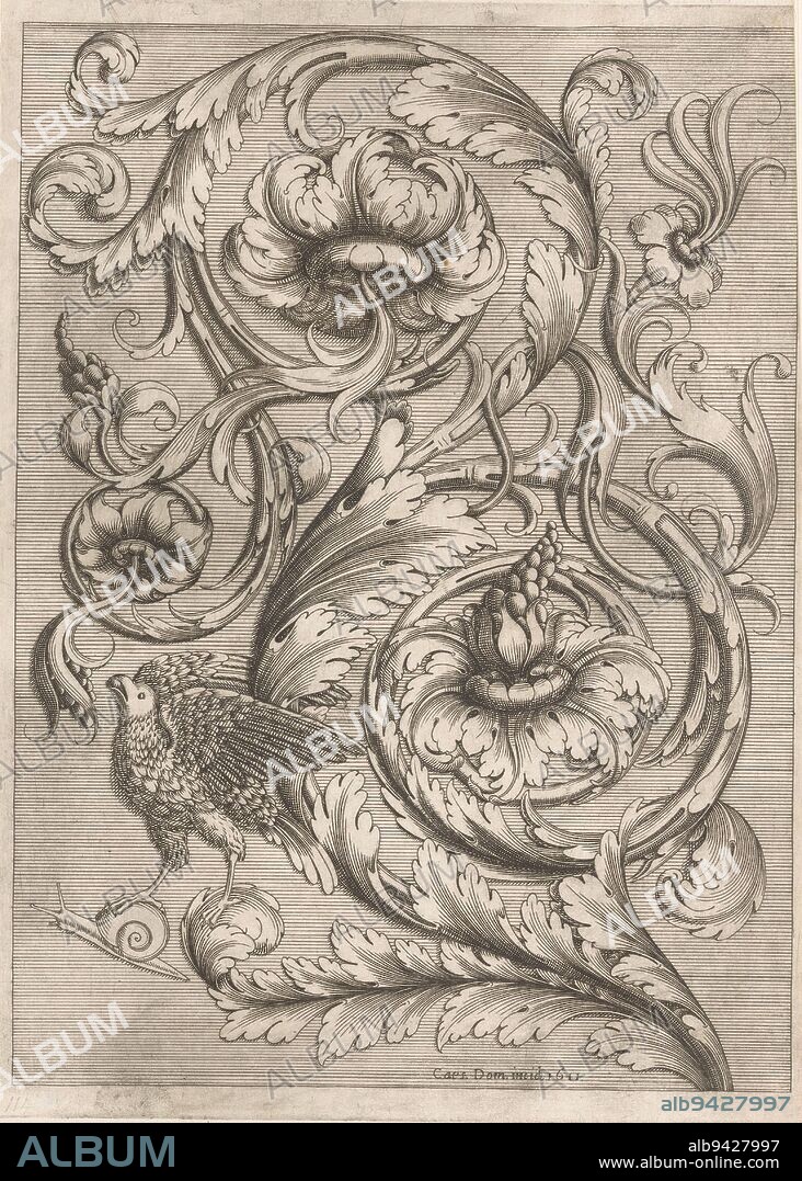 Acanthus motif with snail and bird, print maker: Cesare Domenichi, (mentioned on object), Ludovico Scalzi, (possibly), Pietro Antonio Prisco, (possibly), Italy, 1611, paper, engraving, h 346 mm × w 250 mm.