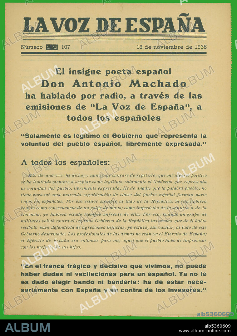 España. Portada de la revista La Voz de España, editada en noviembre de 1938. Declaración del poeta Antonio Machado a favor del gobierno elegido democráticamente.