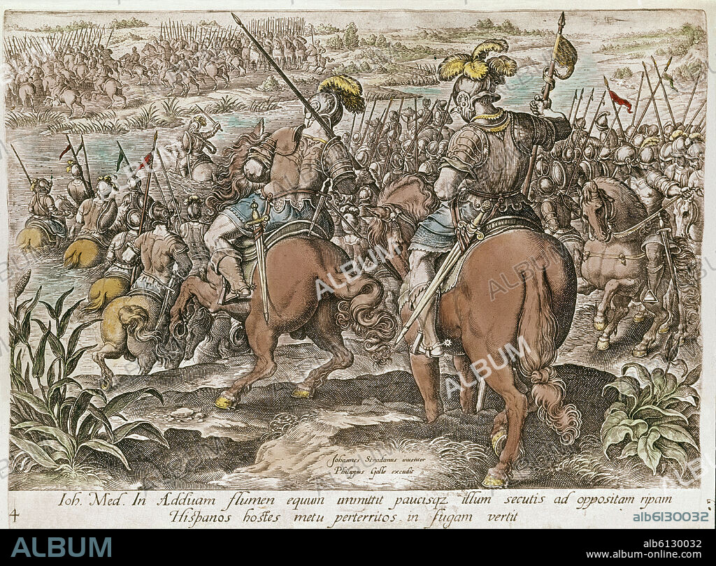 MAERTEN VAN HEEMSKERCK (1498-1574). VICTORIAS DE CARLOS V - JUAN DE MEDICIS EL FUTURO PAPA LEON X PONE EN FUGA A LOS ESPAÑOLES - GRABADO SIGLO XVI - RENACIMIENTO HOLANDES.