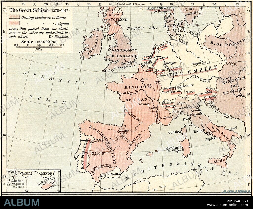 Map of The Western Schism, or Papal or Great Schism, 1378 - 1417, showing allegiance of European countries. From Historical Atlas, published 1923.