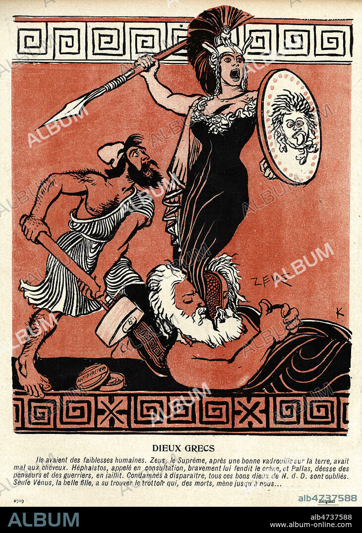 FRANTISEK KUPKA. 'Dieux grecs. Ils avaient des faiblesses humaines...'. Illustration par KUPKA (1871-1954 = ADAGP) pour L'Assiette au Beurre du 7 mai 1904, numero intitule 'Religions'. Credit : Collection KHARBINE-TAPABOR.