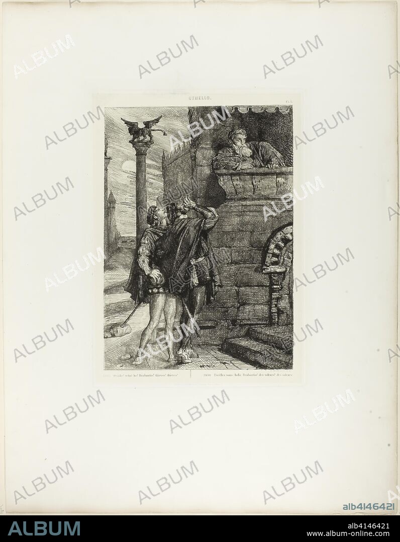 THEODORE CHASSERIAU. Owake! what ho! Brabantio! thieves! thieves!, plate one from Othello. Théodore Chassériau; French, 1819-1856. Date: 1844. Dimensions: 329 × 237 mm (image); 370 × 265 mm (plate); 360 × 257 mm (primary support); 640 × 490 mm (secondary support). Etching, engraving and drypoint on ivory China paper, laid down on white wove paper. Origin: France.