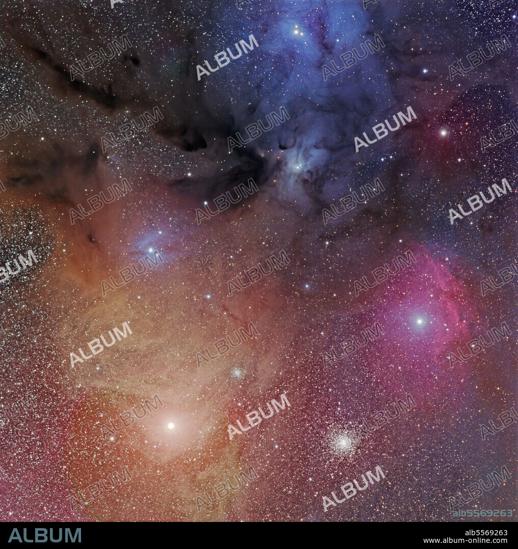 The starforming region of Rho Ophiuchus. Visible in this image are IC 4605, IC 4604, IC 4603, Antares, NGC 6144, M4 Globular Cluster, SH2-9, NGC 6121, and emission and reflection nebula structure.