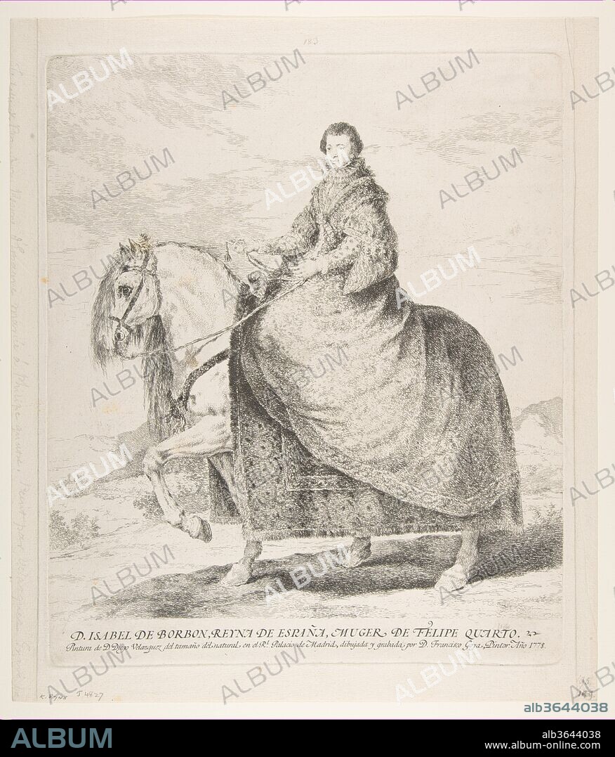 GOYA (FRANCISCO DE GOYA Y LUCIENTES) y AFTER VELÁZQUEZ (DIEGO RODRÍGUEZ DE SILVA Y VELÁZQUEZ). Isabel de Bourbon on horseback, after Velázquez. Artist: Goya (Francisco de Goya y Lucientes) (Spanish, Fuendetodos 1746-1828 Bordeaux); After Velázquez (Diego Rodríguez de Silva y Velázquez) (Spanish, Seville 1599-1660 Madrid). Dimensions: Plate: 14 9/16 × 12 1/4 in. (37 × 31.1 cm)
Sheet: 16 1/8 × 13 15/16 in. (41 × 35.4 cm). Sitter: Isabel of Bourbon (Fontainebleau 1602-1644 Madrid). Date: 1778.