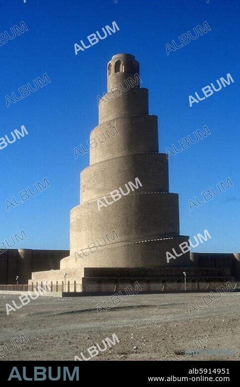 Samarra, Große Moschee (erbaut 848 - 852), Minarett >Malawiya< (Spiralturm, Höhe 55 m, Backsteinbau). Nordmesopotamien (Irak, Mesopotamien). Samarra, Mesopotamien, Irak.