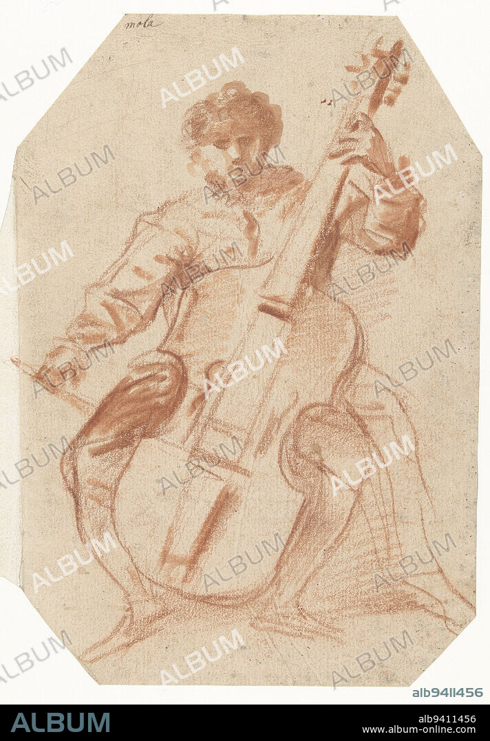 Viola da gamba player, and face, draughtsman: Pier Francesco Mola, 1645 - 1650, paper, brush, h 251 mm × w 172 mm.