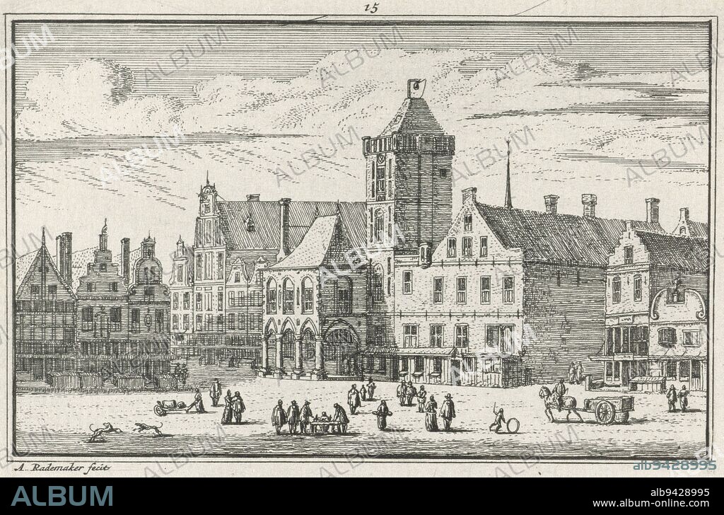 View of the Old Town Hall of Amsterdam, 1640, Abraham Rademaker, 1727 - 1733, View of the southwest side of Dam Square, with the Old Town Hall in the middle, in the situation of about 1640. To the left three houses on Dam Square and to the right Kalverstraat, print maker: Abraham Rademaker, (mentioned on object), publisher: Willem Barents, publisher: Antoni Schoonenburg, Amsterdam, 1727 - 1733, paper, etching, h 80 mm × w 115 mm.