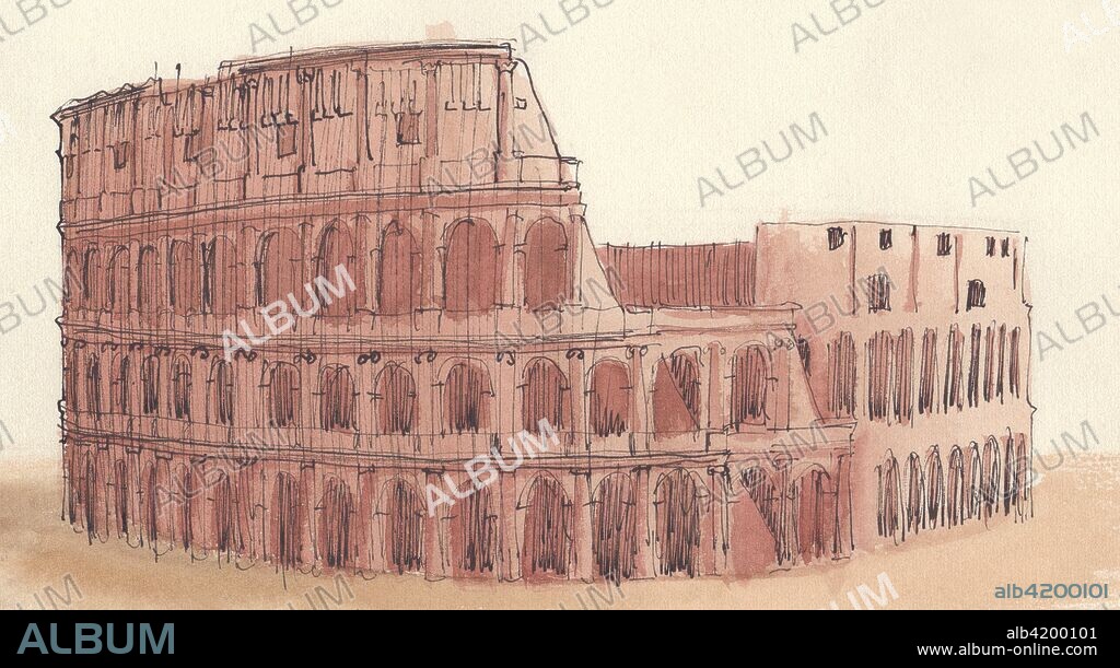 The Pantheon, Rome, Italy, 1951. 'Roman architecture - The Pantheon, Rome - AD 120-124. Section and view of interior: Eye, Portico and Rotunda'. The Pantheon, a former Roman temple, now a church, in Rome, Italy, is circular and consists of a porico and rotunda under the world's largest unreinforced concrete dome, with a central opening (oculus) to the sky. Shirley Markham (1931-1999) studied Graphic Design and Illustration at Central School of Art in London from 1950-1952. The writer, artist, poet, and illustrator Mervyn Peake (1911-1968) was one of her tutors, and her style of drawing was also influenced by other British illustrators such as Edward Ardizzone, Quentin Blake and Edward Bawden. Markham spent time in the Dolomite Mountains in Italy, and also visited Rome, sketching classical buildings. After graduating from Central, she worked as a graphic designer, producing book illustrations, cartoons for comics, menus and programmes. She gave up her promising career however when she got married in 1957. Middle-class women at that time were expected to devote their energies to bringing up children and running the home, and despite her obvious talent, she lacked the confidence to return to illustration. Her portfolio remained in the family attic for many years, but now her work is published here for the first time.