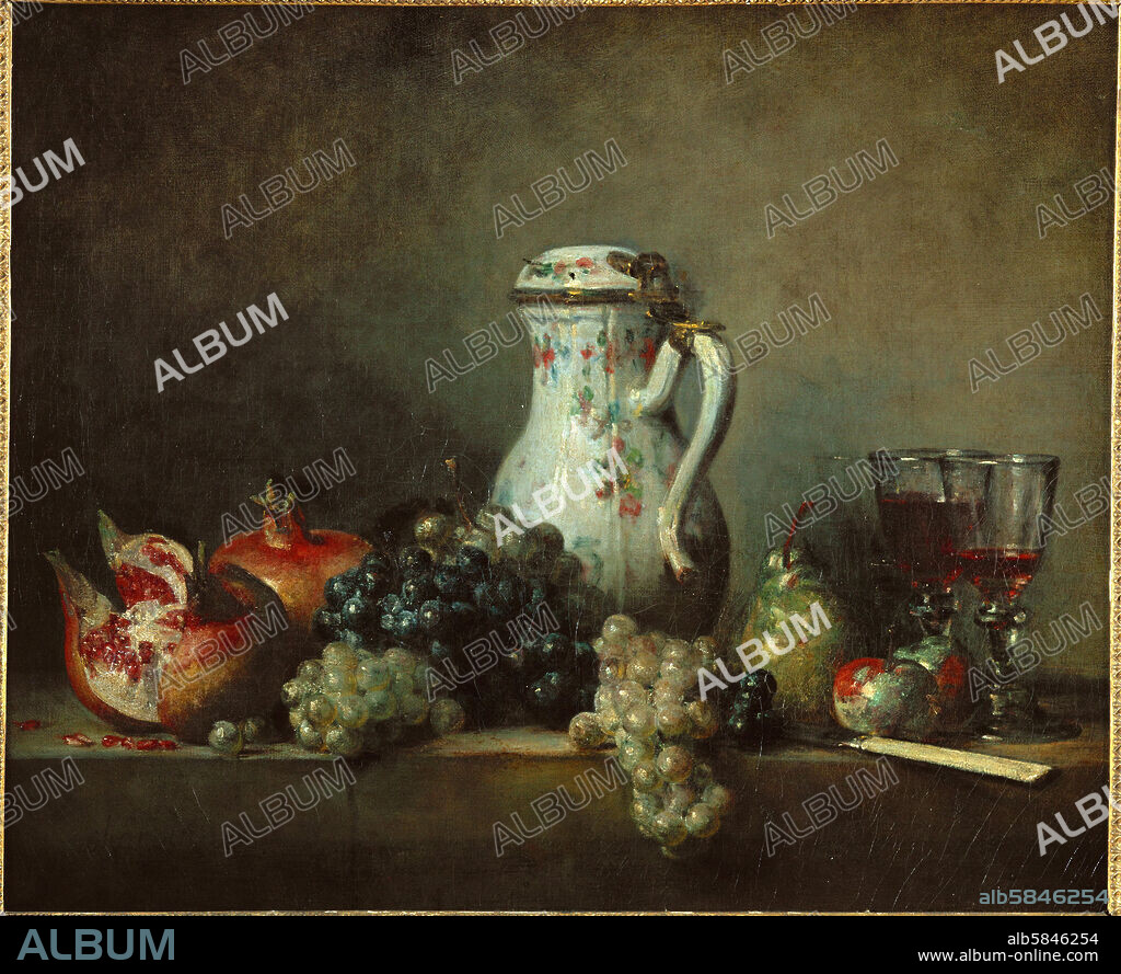 JEAN-BAPTISTE-SIMEON CHARDIN. Raisins et grenades-raisins and pomgrenades. Oil on canvas 47 x 57 cm MI 1035.