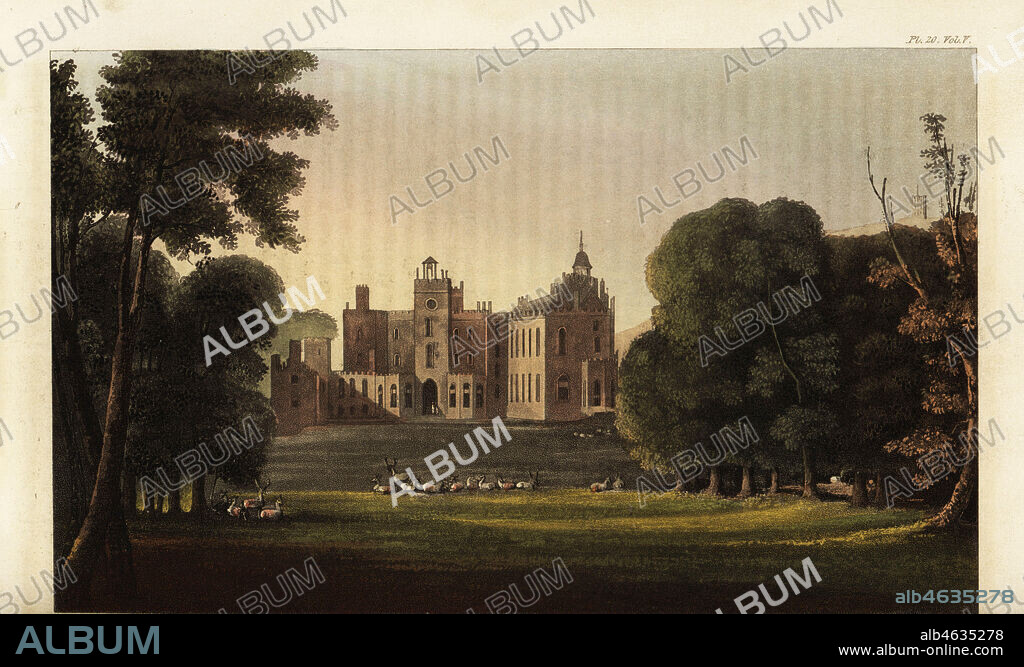 Powderham Castle, Devon, seat of Lord Viscount William Courtenay, 9th Earl of Devon, gay lover of slave owner William Beckford. Handcoloured copperplate engraving after an illustration by John Gendall from Rudolph Ackermanns Repository of Arts, London, 1825.