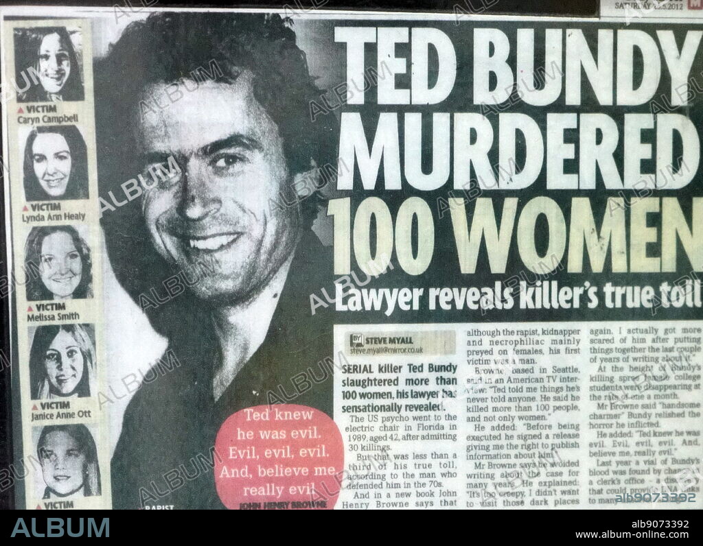 Newspaper headline reporting on the victims of Ted Bundy. Theodore Robert Bundy (1946-1989) an American serial killer, kidnapper rapist, burglar, and necrophile.