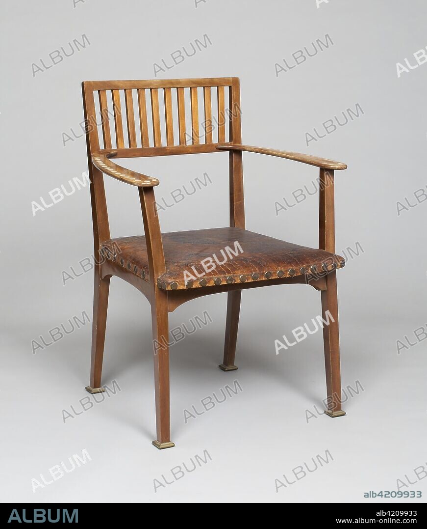 Armchair No. 8. Designed by Otto Wagner (Austrian, 1841-1918); Austria, Vienna. Date: 1898-1899. Dimensions: 90.2 x 66 cm (35 1/2 x 26 in.); Diameter: 59.1 cm (23 1/4 in.). Polished walnut, mother-of-pearl, and brass with leather seat. Origin: Vienna.