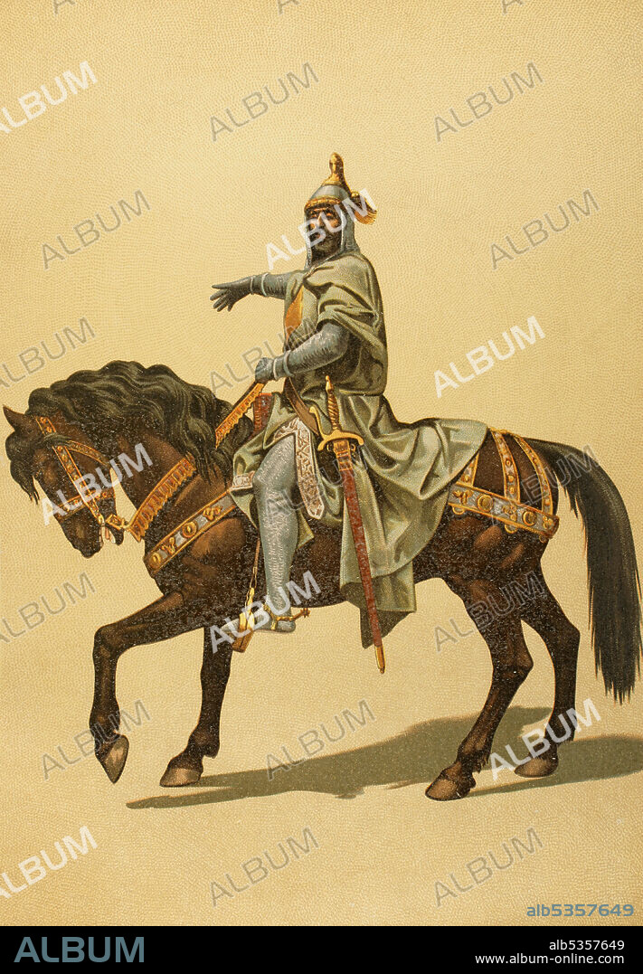 James I of Aragón, the Conqueror (1208-1276). King of Aragón (1213-1276), Valencia (1238-1276) and Majorca (1229-1276), Count of Barcelona (1213-1276), Count of Urgell and Lord of Montpellier. Equestrian portrait. Chromolithography. Historia General de España (General History of Spain), by Miguel Morayta. Volume II. Madrid, 1899.