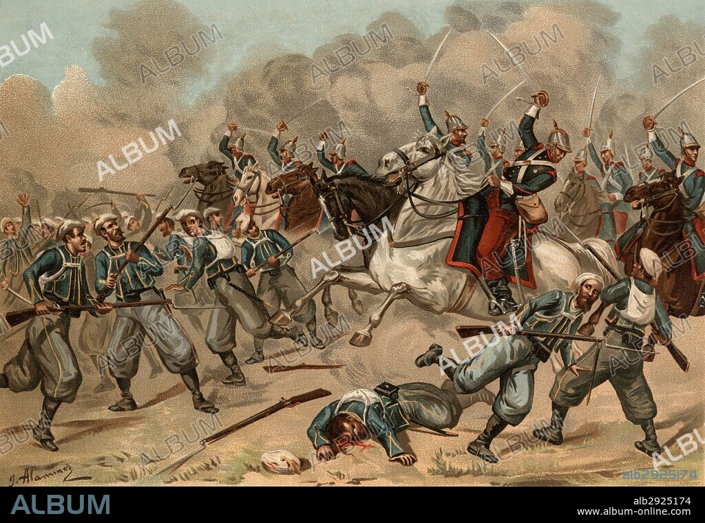 España. Catalunya. Tercera guerra carlista (1872-1876). Acción de Gandesa. Carga de caballería dada a los zuavos de don Alfonso. Derrota de las tropas carlistas en 1874. Grabado de 1880.